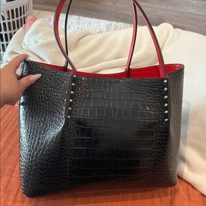 Black Christian Louboutin Croc-Embossed Tote Bag with Red Interior